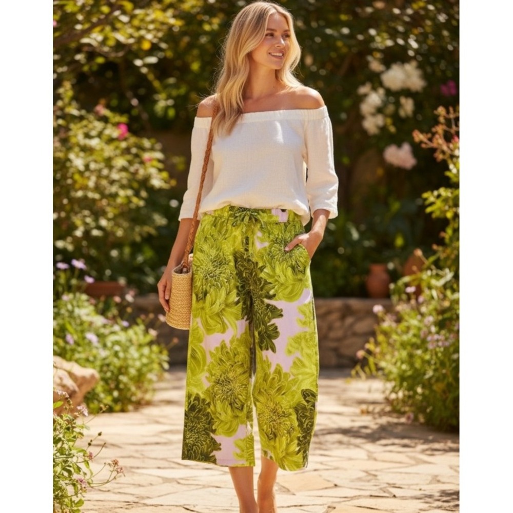 Maison d'Amélie Floral Wide Leg Pants Women L Pink Green Resortwear Chic Pull On